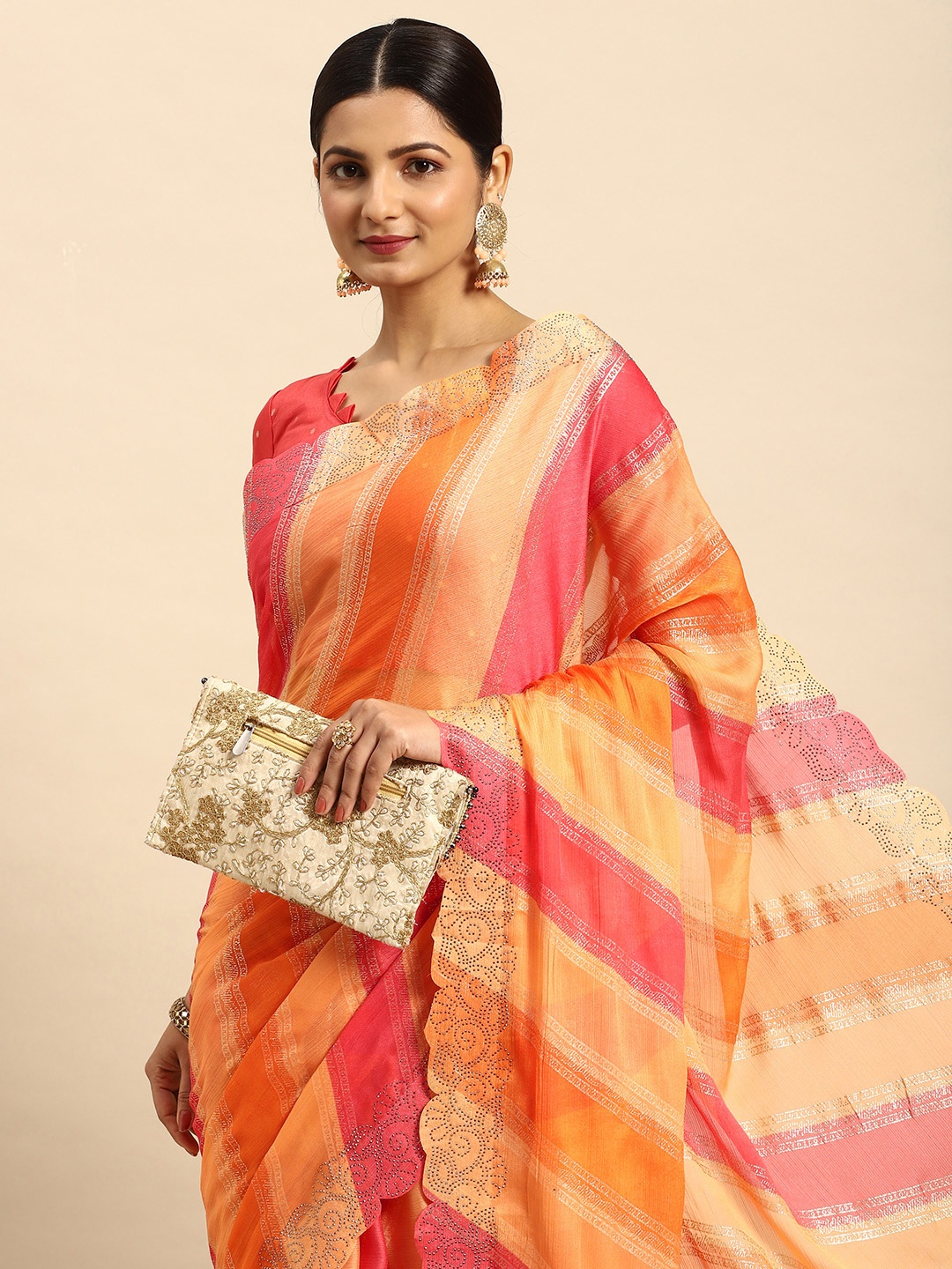 

Mitera Striped Stones-Studded Pure Chiffon Saree, Orange
