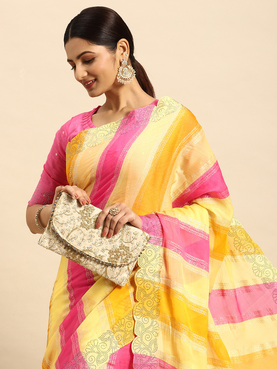 

Mitera Striped Stones-Studded Pure Chiffon Saree, Yellow