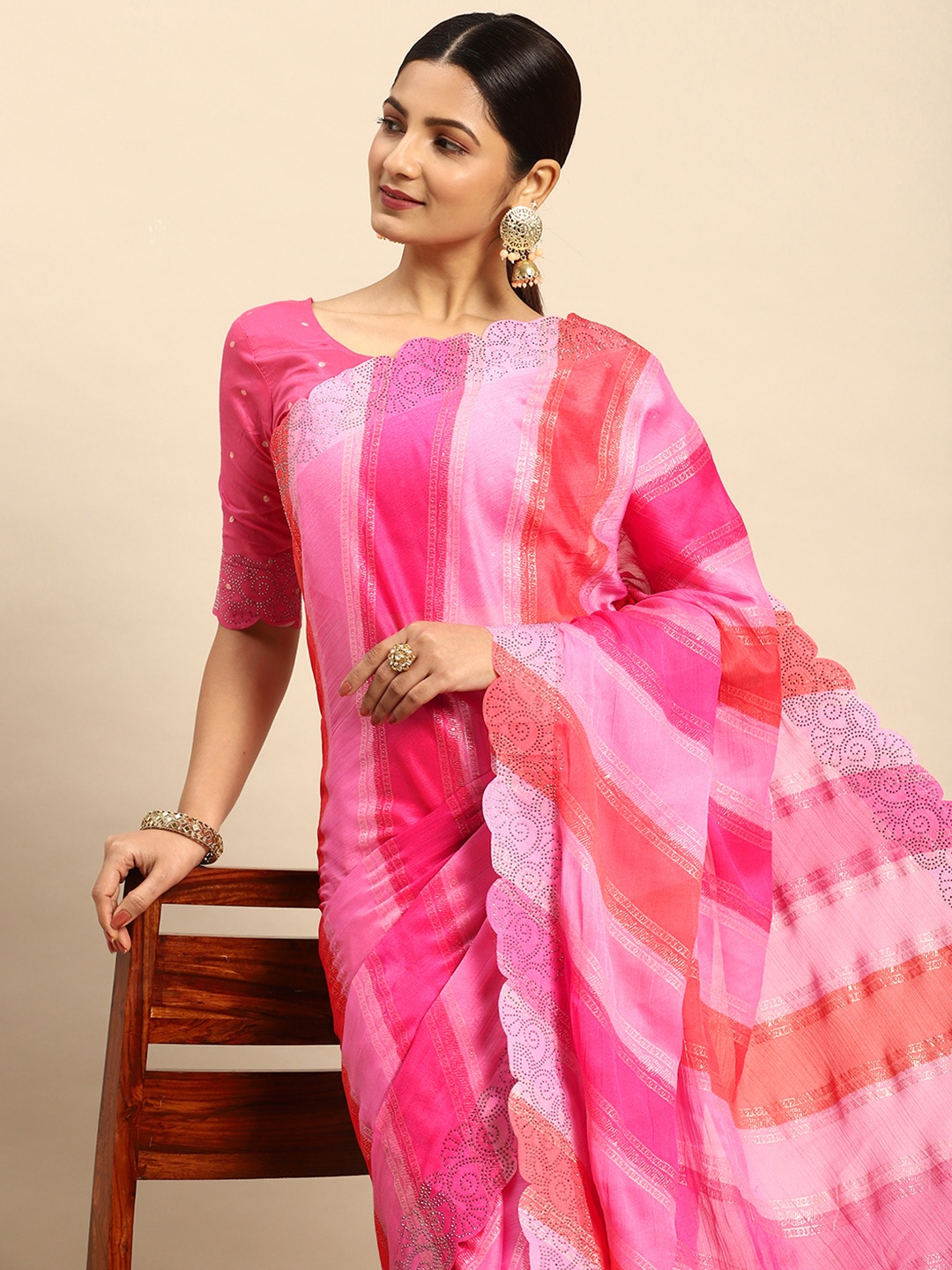 

Mitera Striped Stones-Studded Pure Chiffon Saree, Pink