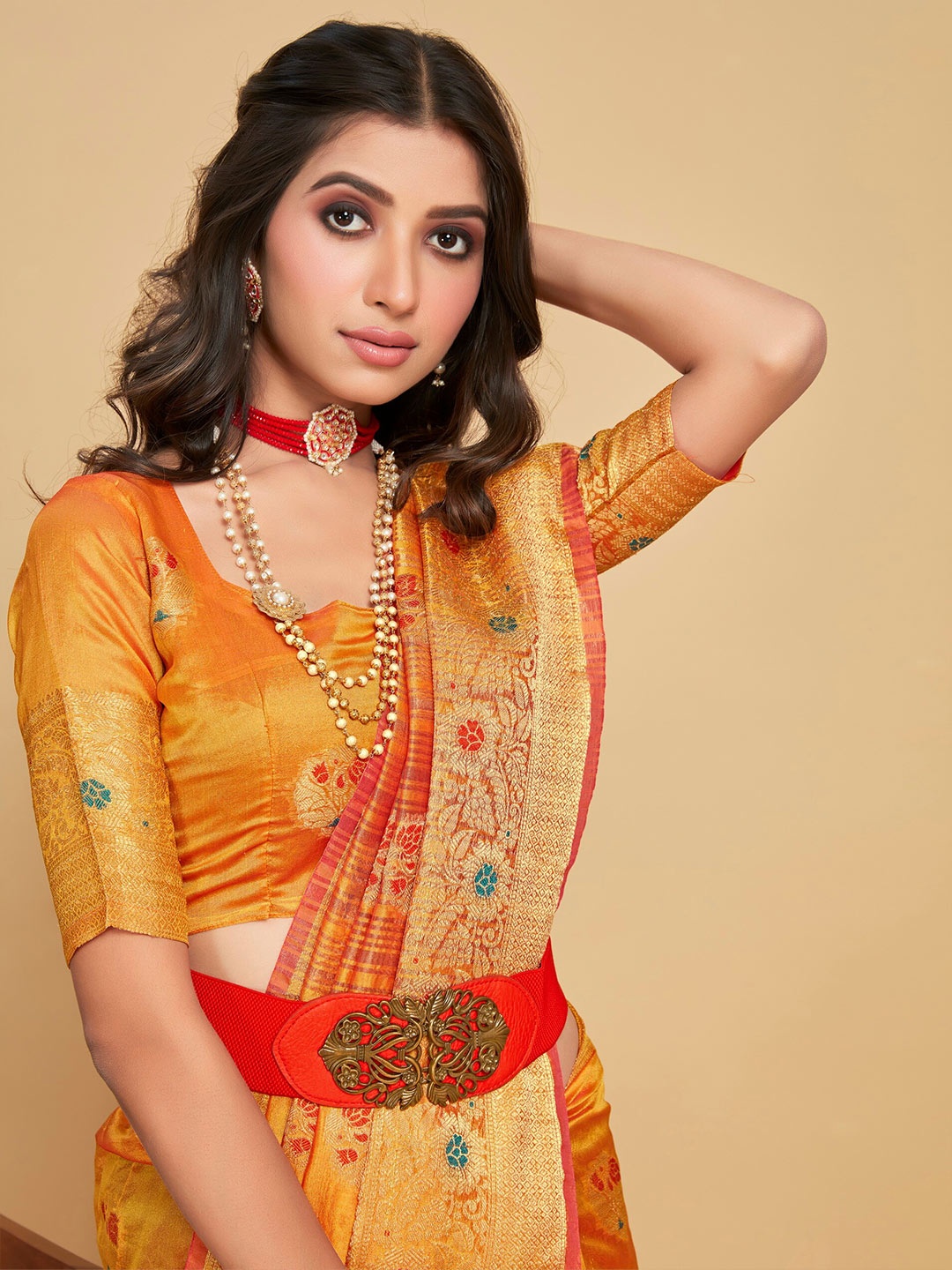 

Sangria Yellow Ethnic Motifs Woven Design Zari Organza Saree