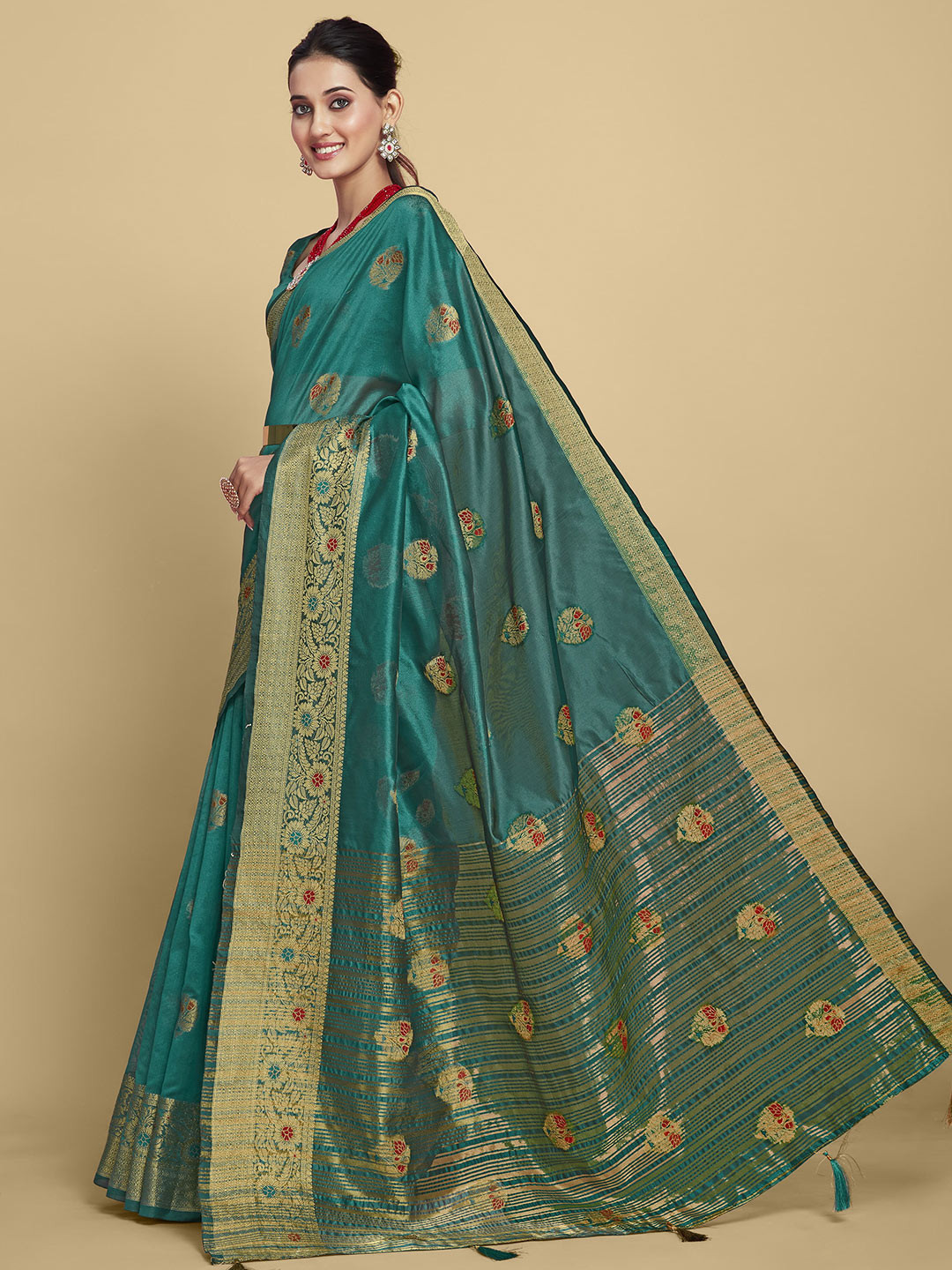 

Sangria Ethnic Motifs Woven Design Zari Organza Saree, Green