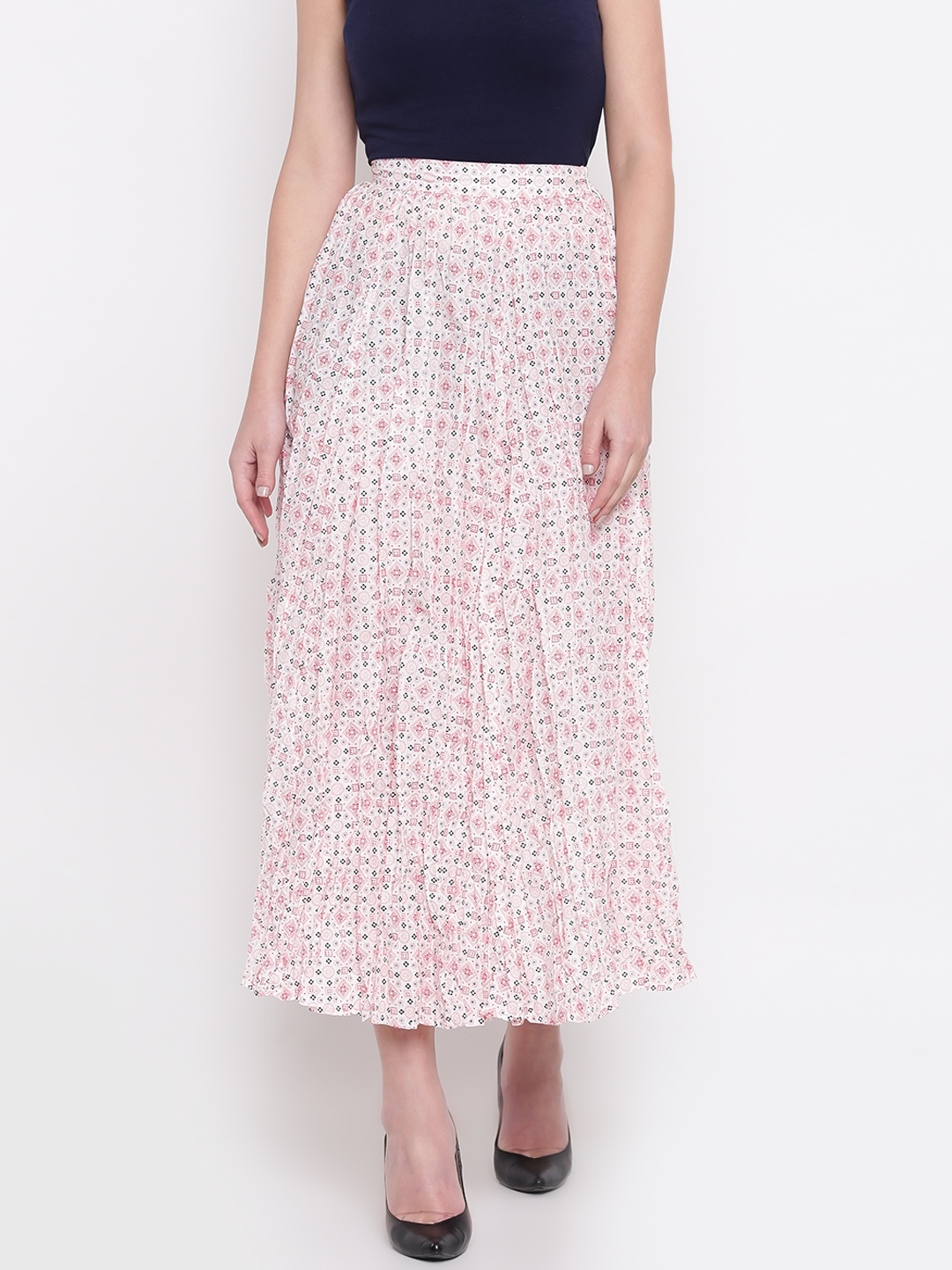 

AURELIA White & Red Printed Maxi Flared Pure Cotton Skirt