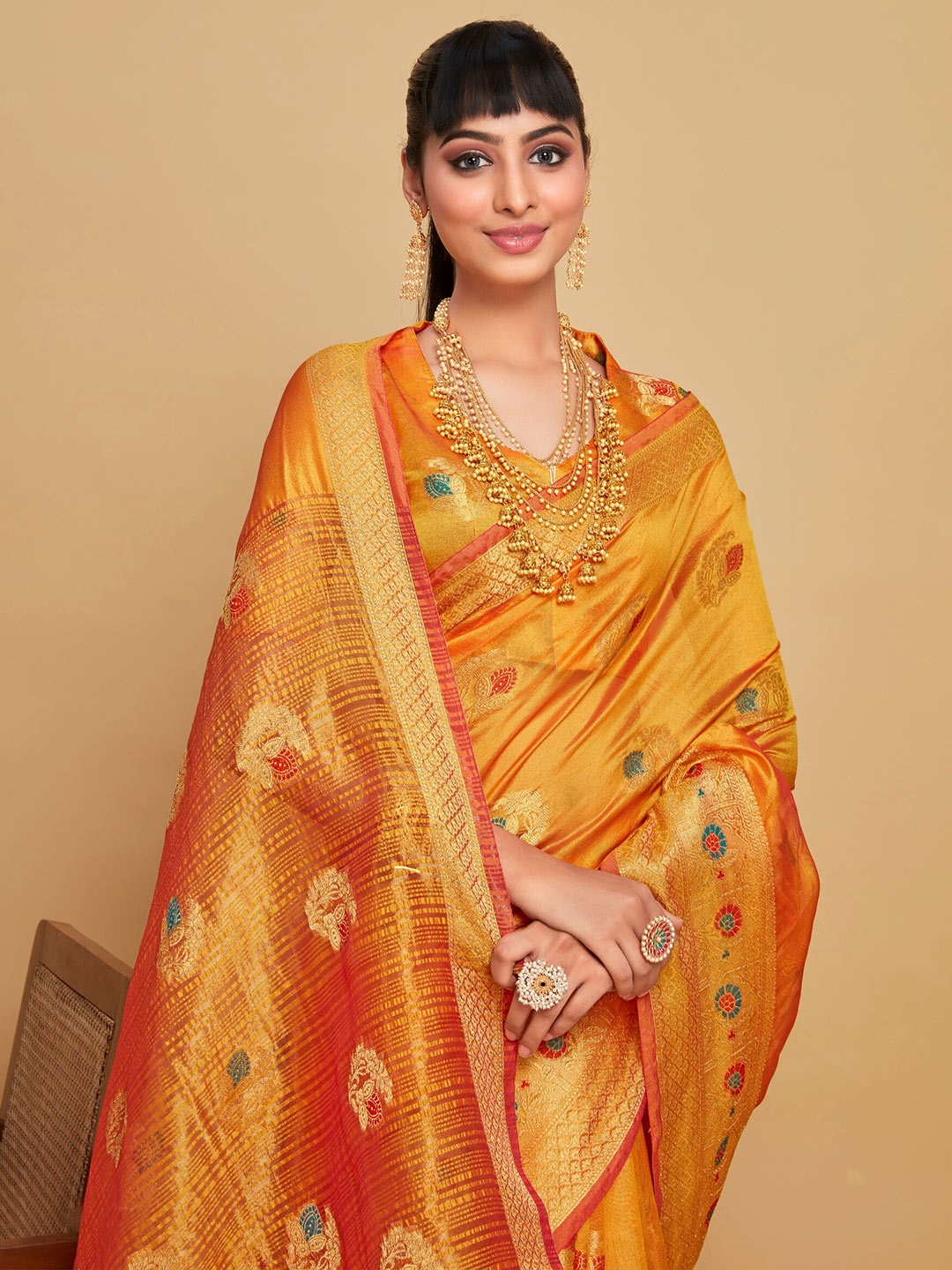 

Sangria Yellow Ethnic Motifs Woven Design Zari Organza Saree