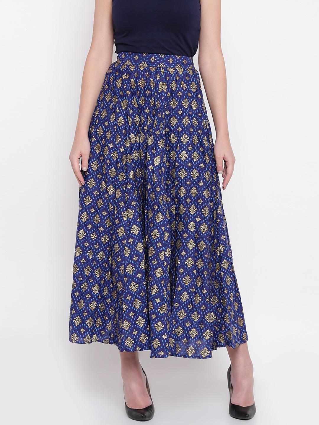 

AURELIA Navy & Golden Printed Maxi Flared Pure Cotton Skirt, Navy blue