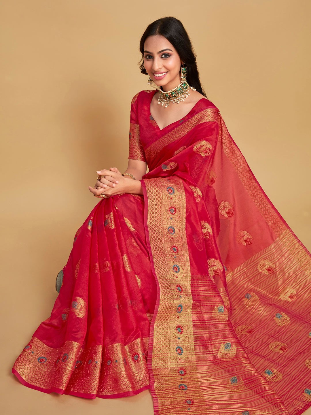 

Sangria Red Ethnic Motifs Woven Design Saree
