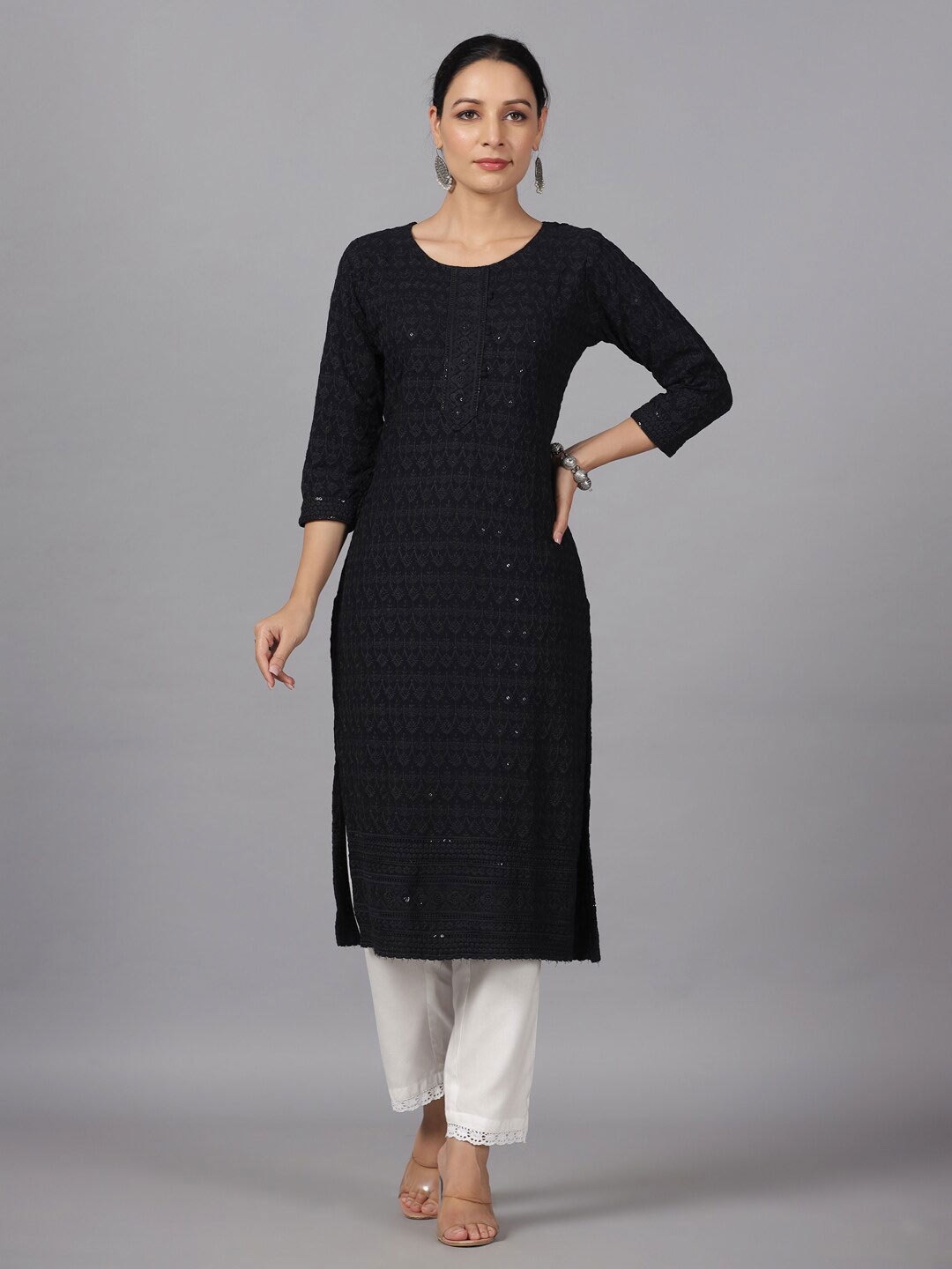 

Amchoor Women Black Ethnic Motifs Embroidered Chikankari Kurta