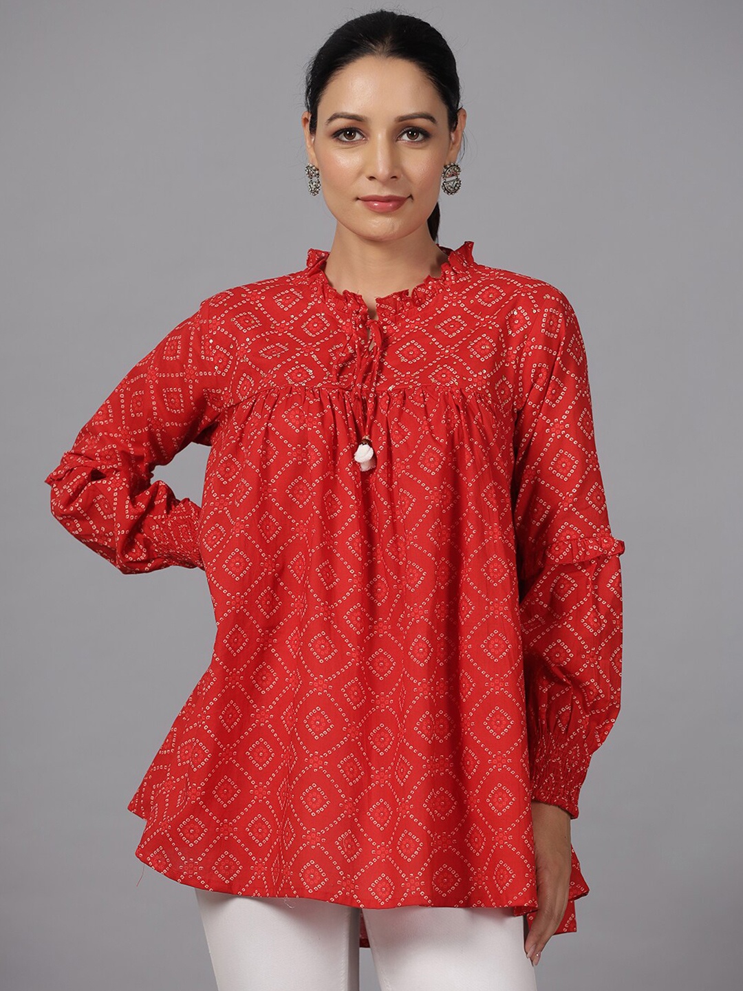 

Amchoor Bandhani Printed Tie-Up Neck Pure Cotton Kurti, Red