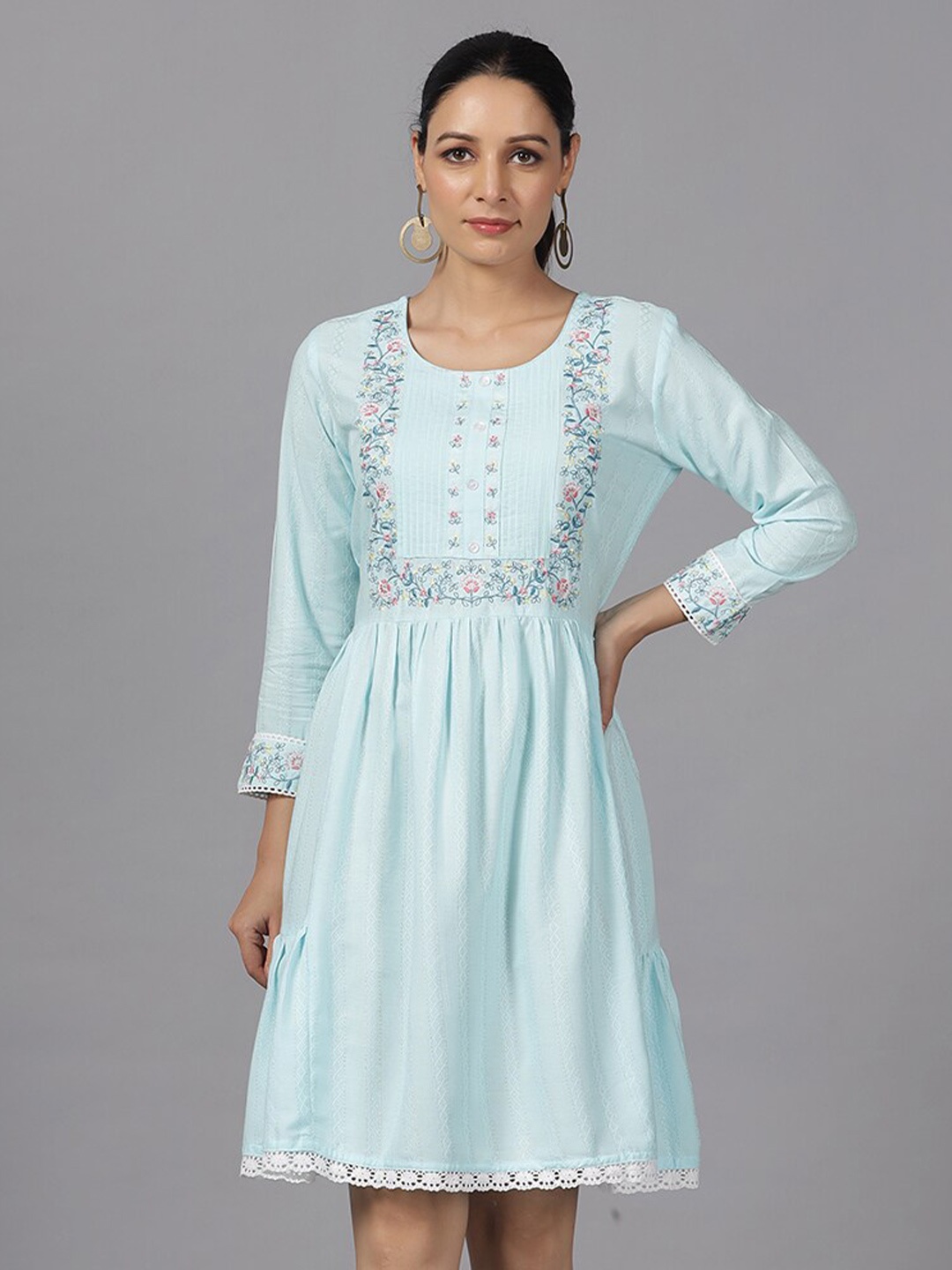 

Amchoor Floral Embroidered Fit And Flare Dress, Blue