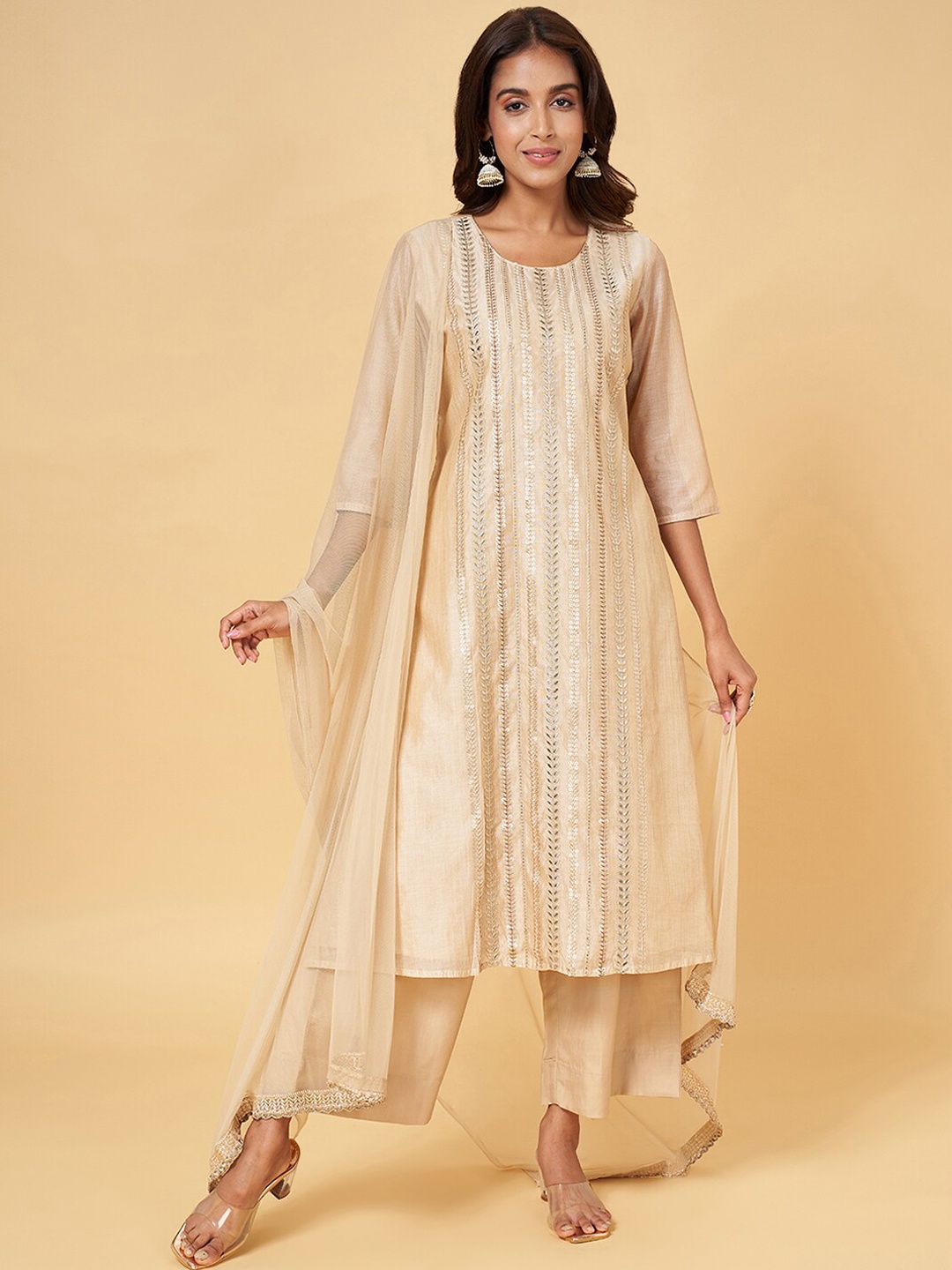 

RANGMANCH BY PANTALOONS Embroidered Chanderi Silk Straight Kurta With Trousers & Dupatta, Beige