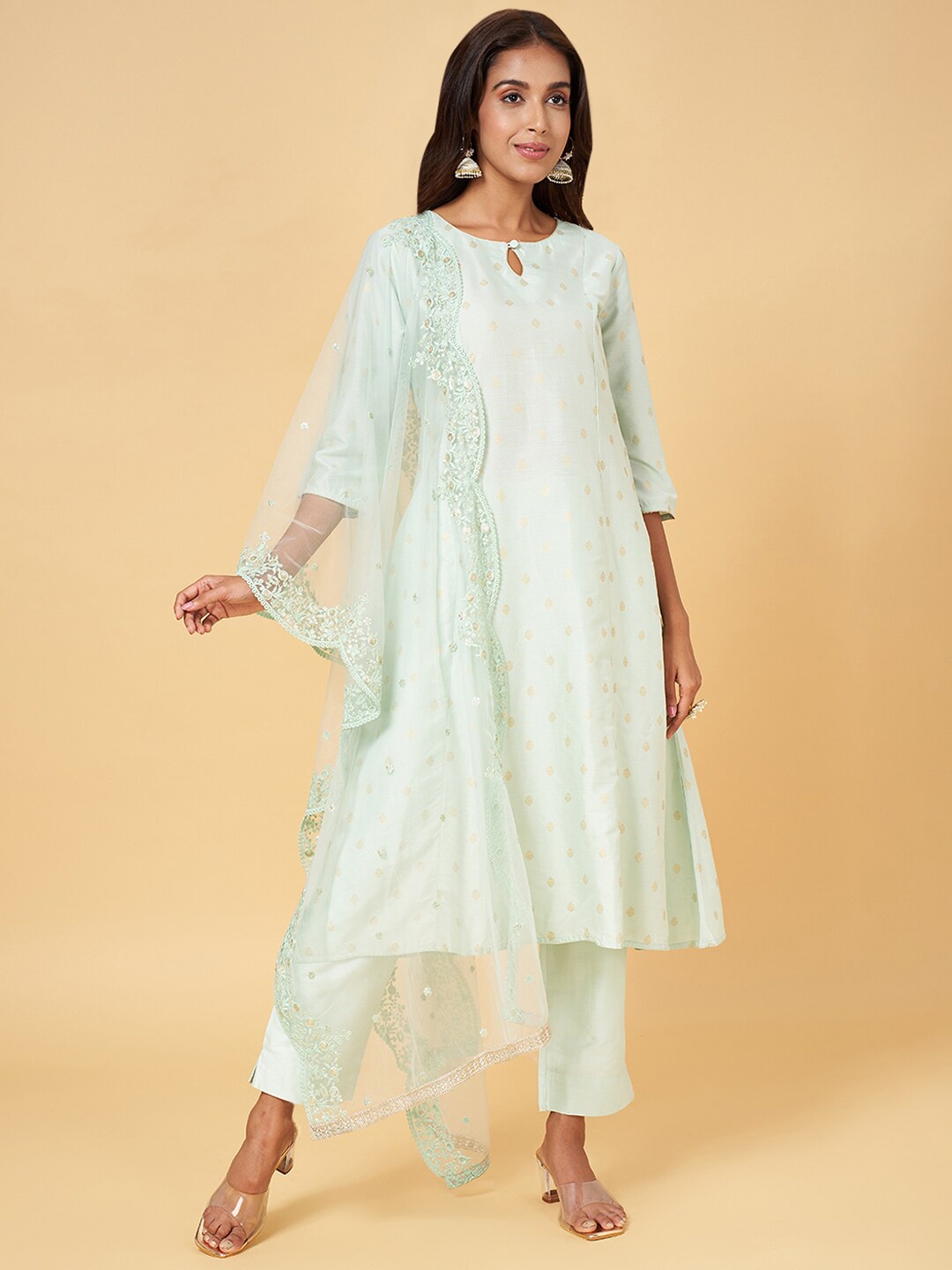 

RANGMANCH BY PANTALOONS Ethnic Motifs Printed Straight Kurta With Trousers & Dupatta, Green