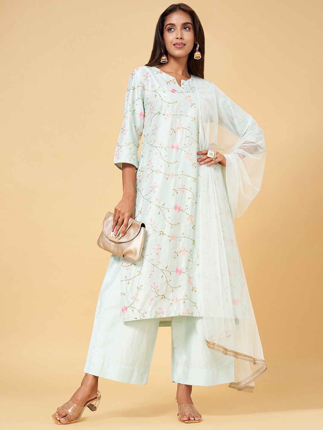 

RANGMANCH BY PANTALOONS Floral Embroidered Sequinned Kurta With Trousers & Dupatta, Blue