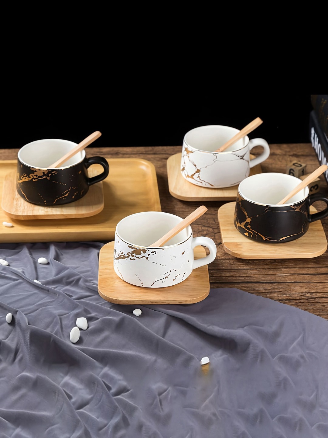 

BonZeaL Set of 4 White & Black Printed Ceramic Matte Mugs With Wood Coaster - 250 ML Each