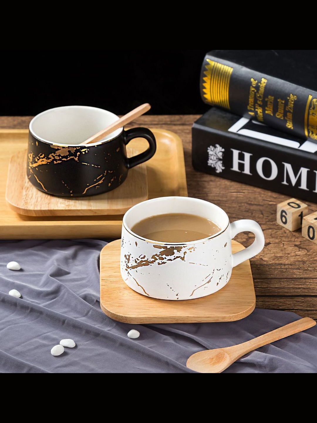 

BonZeaL Black & White 4-Pieces Solid Ceramic Coffee Mug With Wood Coaster 250 ml Each