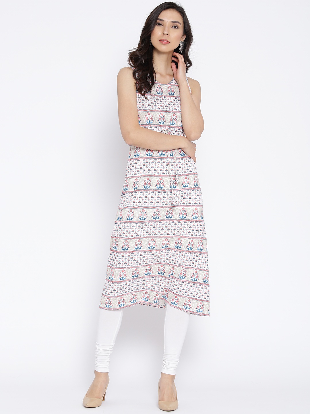 

AURELIA Women White & Pink Printed A-Line Kurta