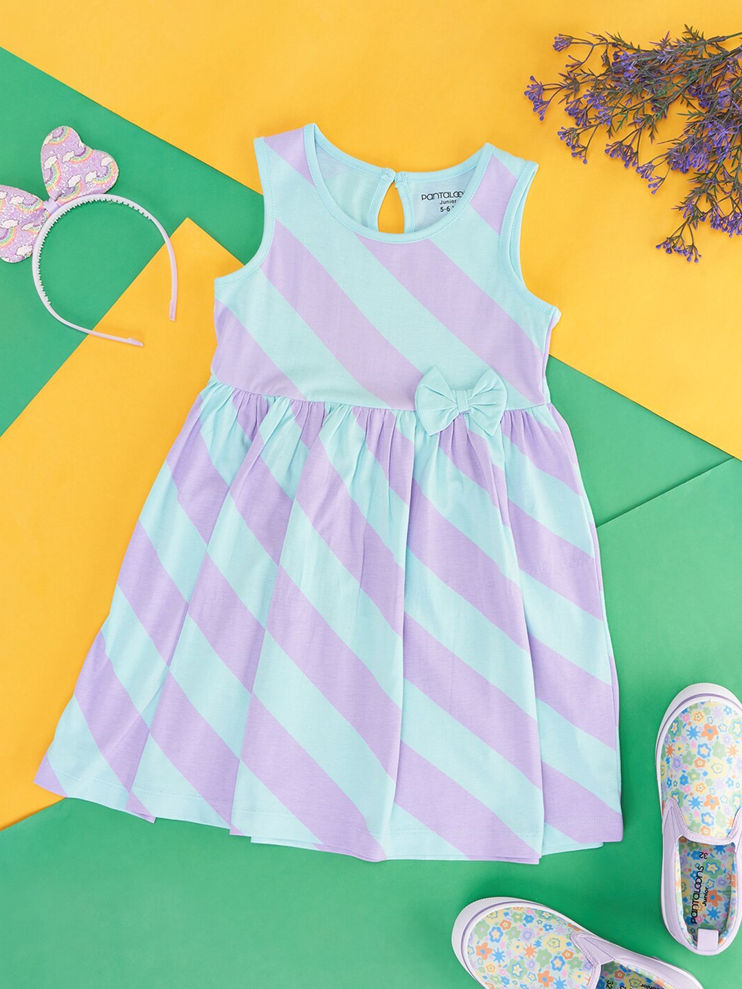 

Pantaloons Junior Girls Striped Bow Detail Cotton A-Line Dress, Lavender