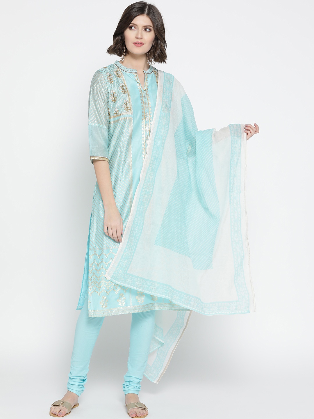 

AURELIA Women Blue Printed Kurta with Churidar & Dupatta
