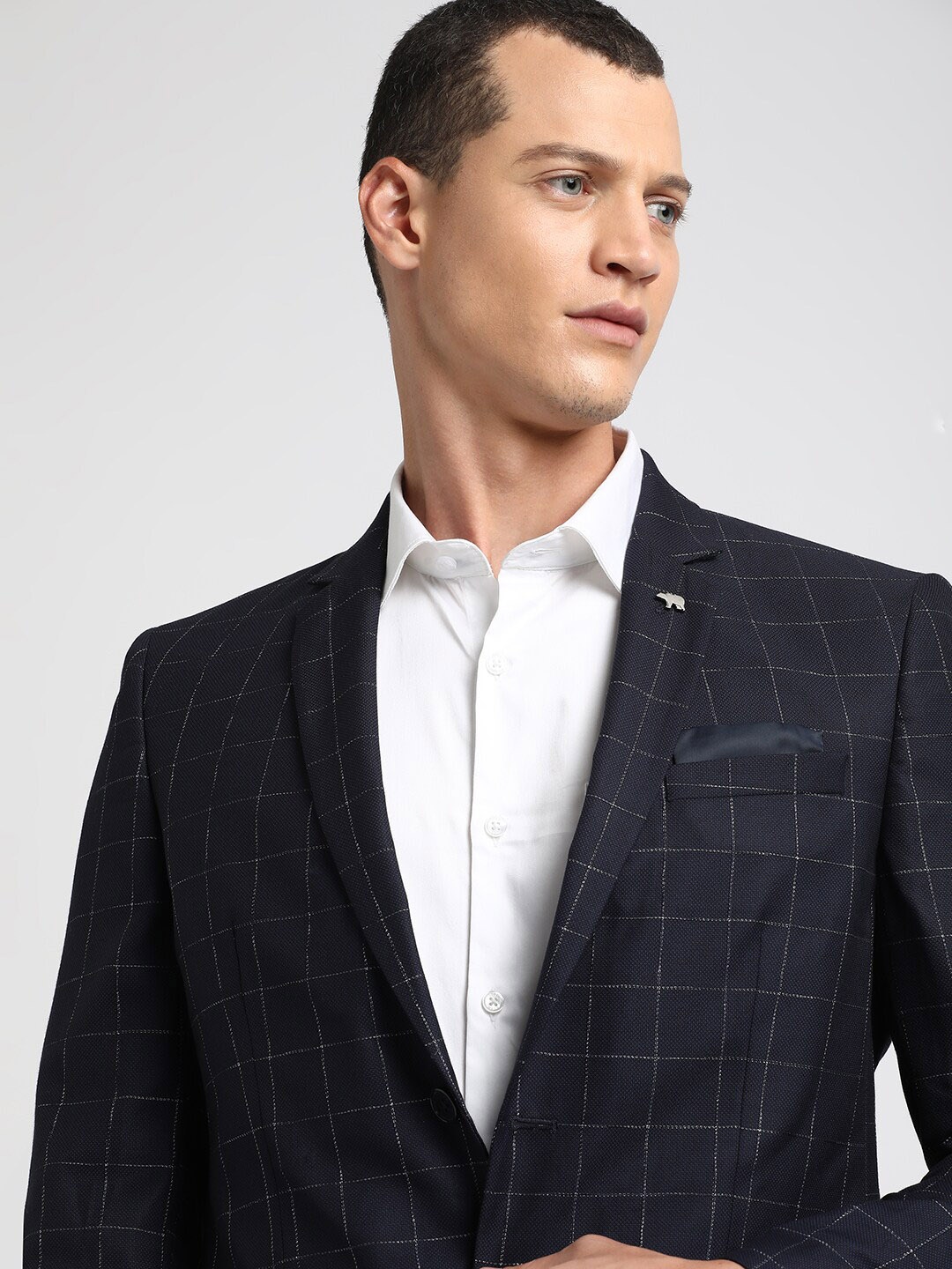 

THE BEAR HOUSE Single-Breasted Notched Lapel Collar Checked Formal Blazer, Blue