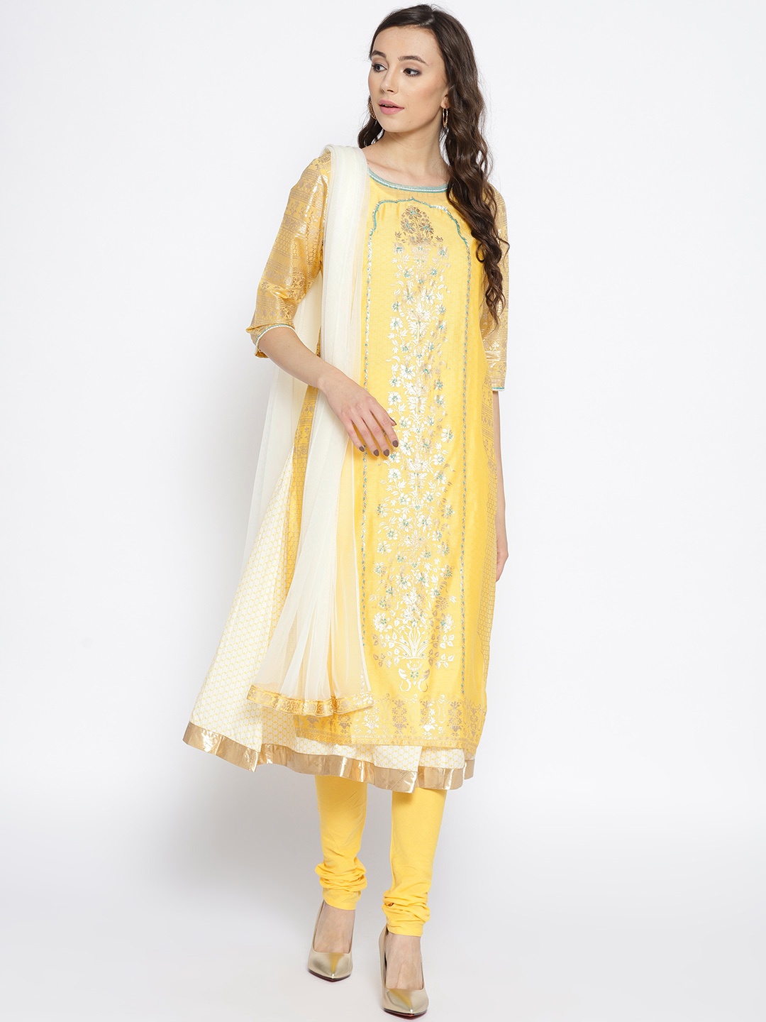 

AURELIA Women Yellow & White Printed Kurta with Churidar & Dupatta