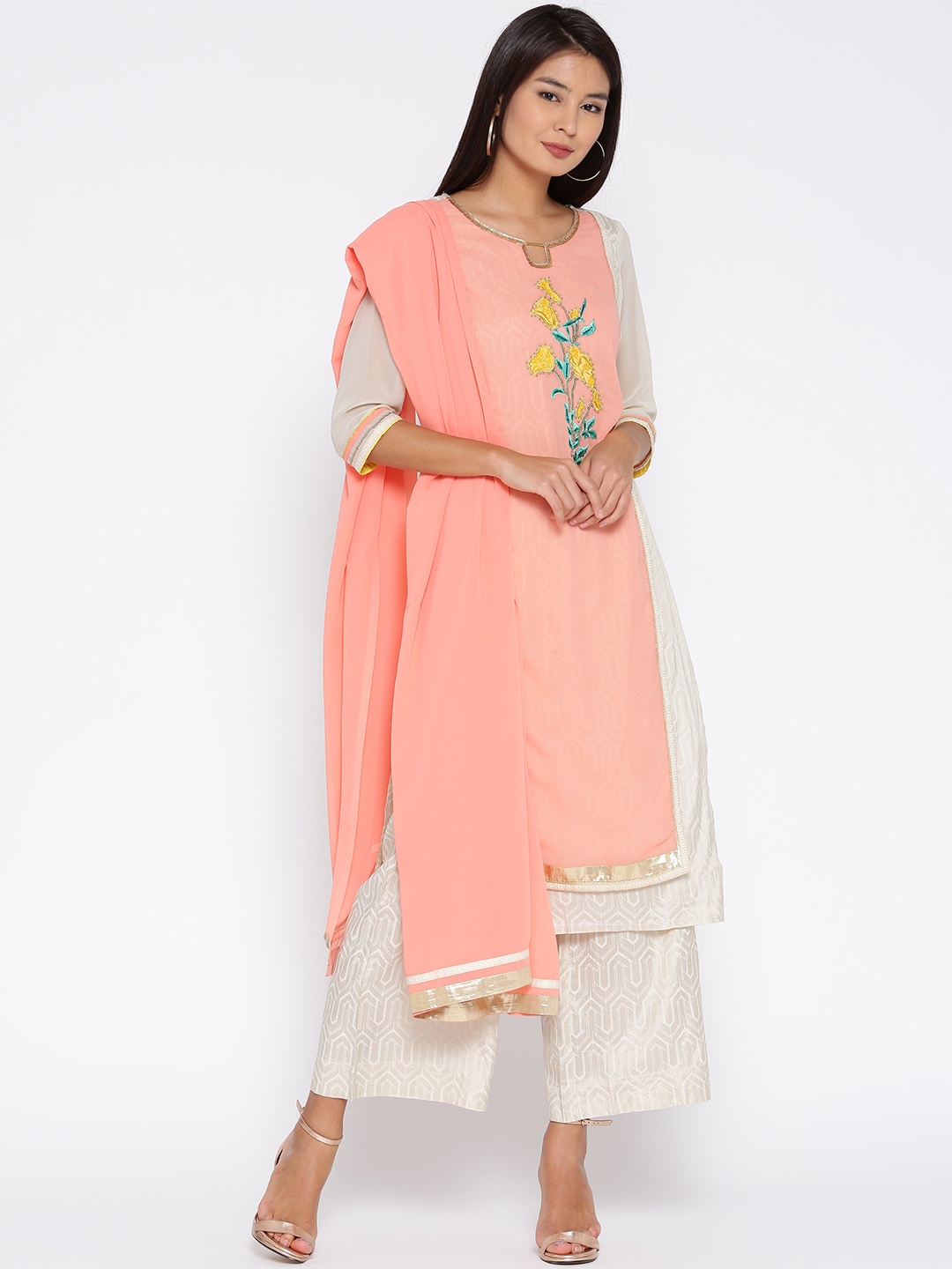 

AURELIA Women Peach-Coloured & Beige Printed Kurta with Palazzos & Dupatta