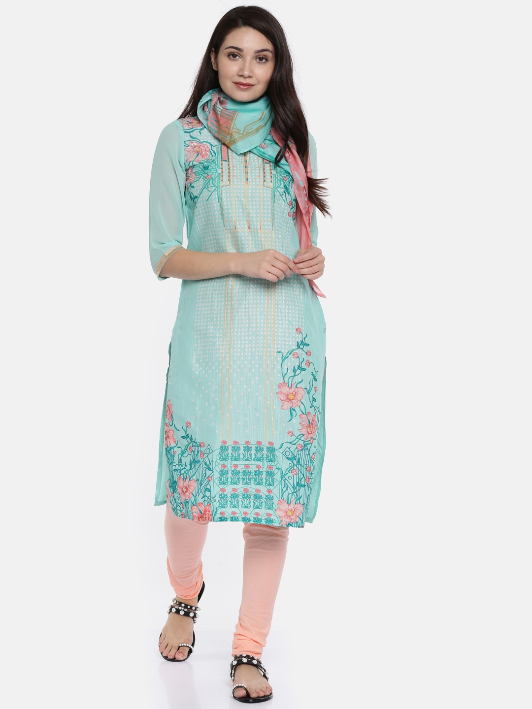 

AURELIA Women Sea Green & Peach-Coloured Printed Kurta with Churidar & Dupatta