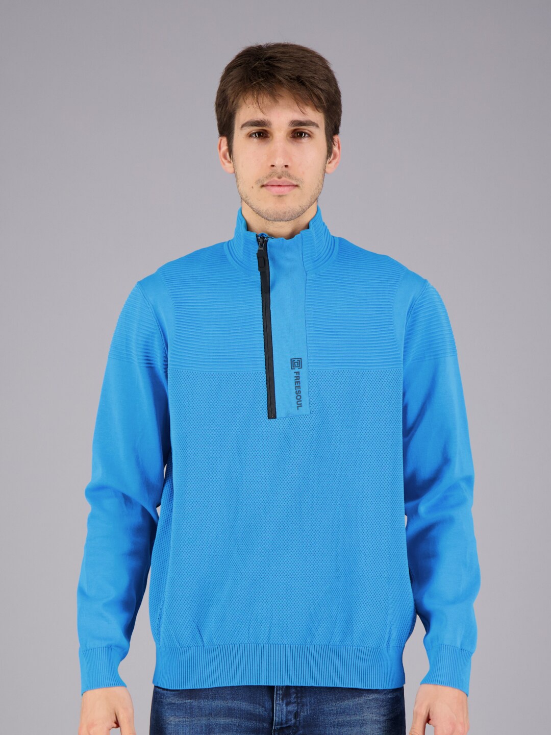

FREESOUL Self Design Mock Collar Pullover With Zip Detail, Blue