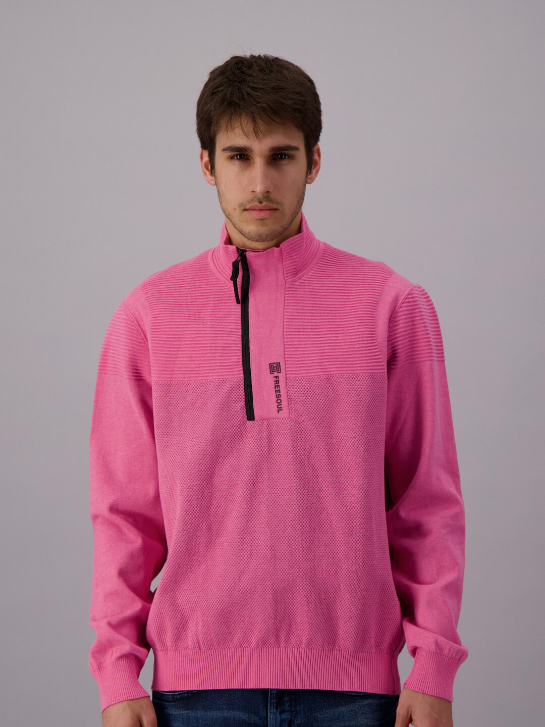 

FREESOUL Self Design Mock Collar Pullover With Zip Detail, Pink