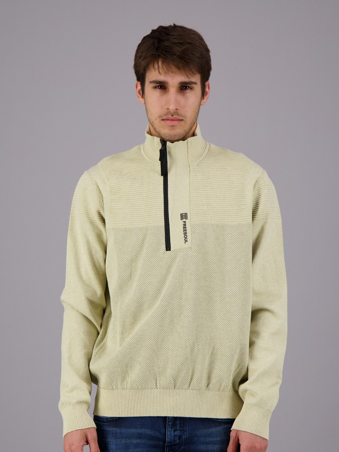 

FREESOUL Self Design Mock Collar Pullover With Zip Detail, Beige