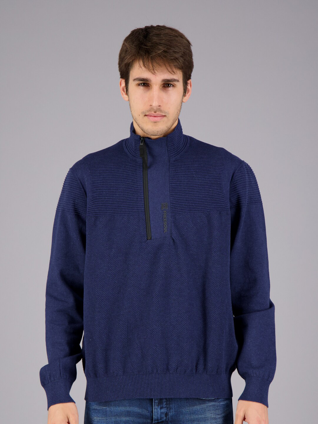 

FREESOUL Self Design Mock Collar Pullover With Zip Detail, Navy blue