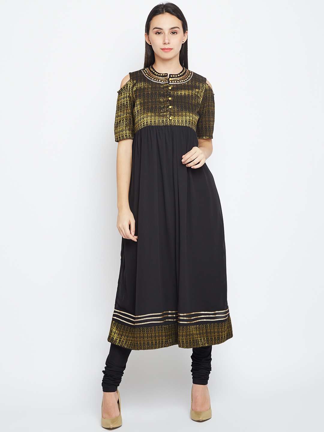 

AURELIA Women Black Yoke Design Kurta with Churidar