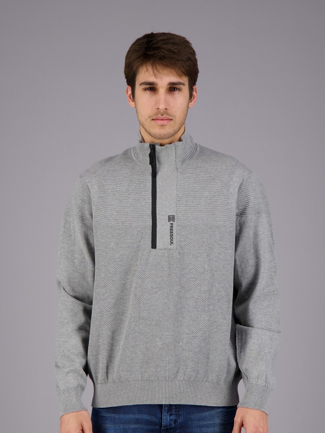 

FREESOUL Self Design Mock Collar Pullover With Zip Detail, Grey