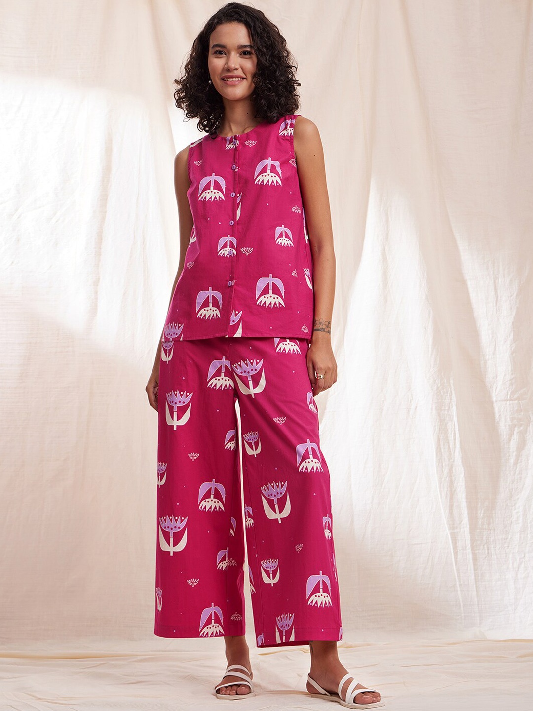 

Pink Fort Floral Printed Cotton Poplin Round-Neck Shirt With Flared Palazzos