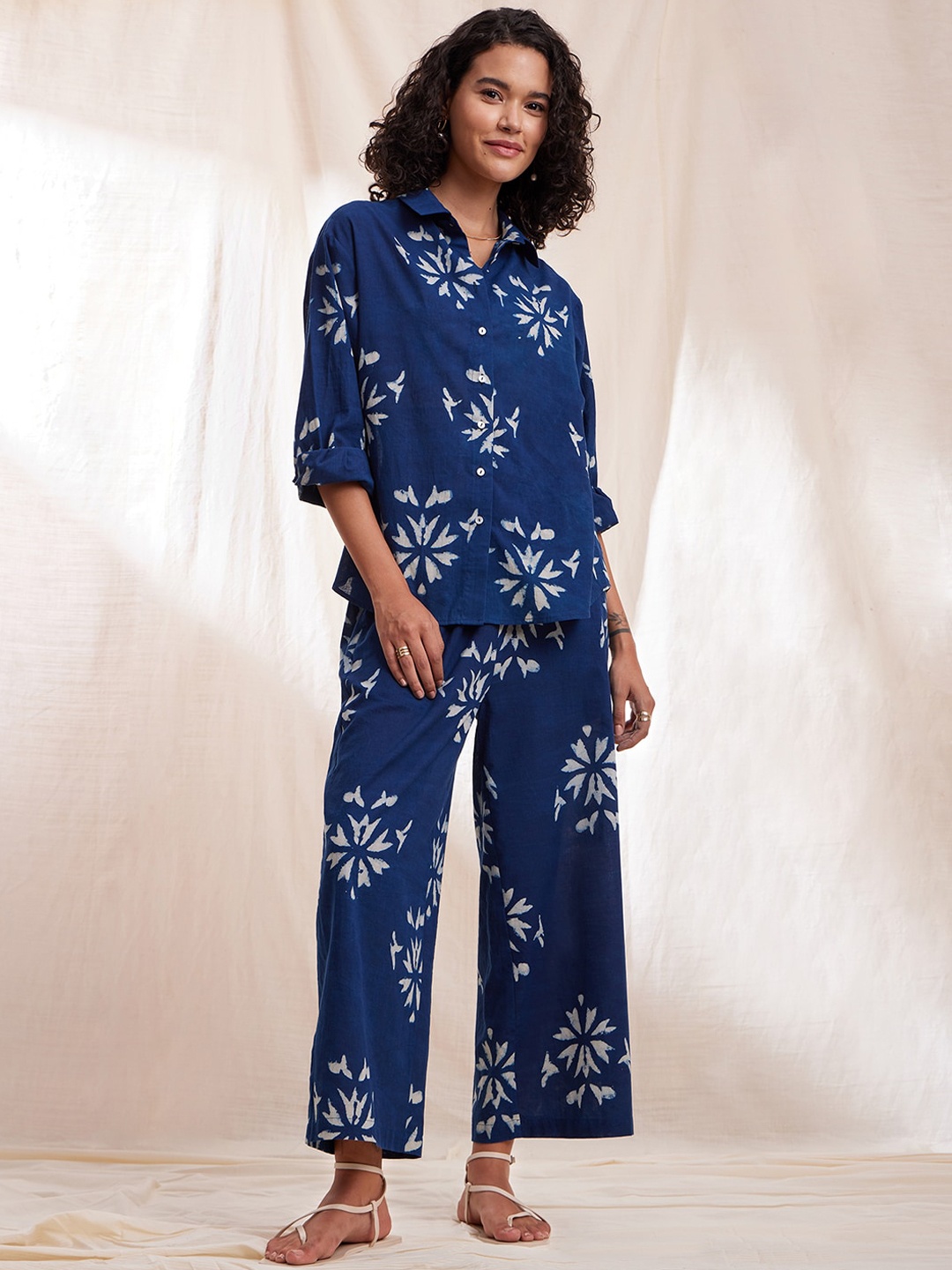 

Pink Fort Printed Pure Cotton Shirt With Trousers, Blue