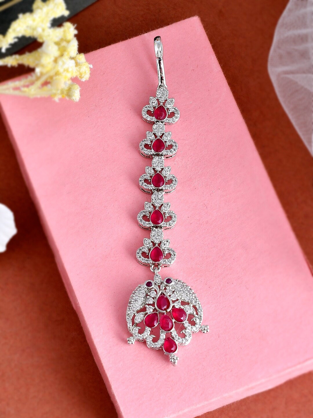 

Silvermerc Designs Silver-Plated AD Stone-Studded & Beaded Maang Tikka