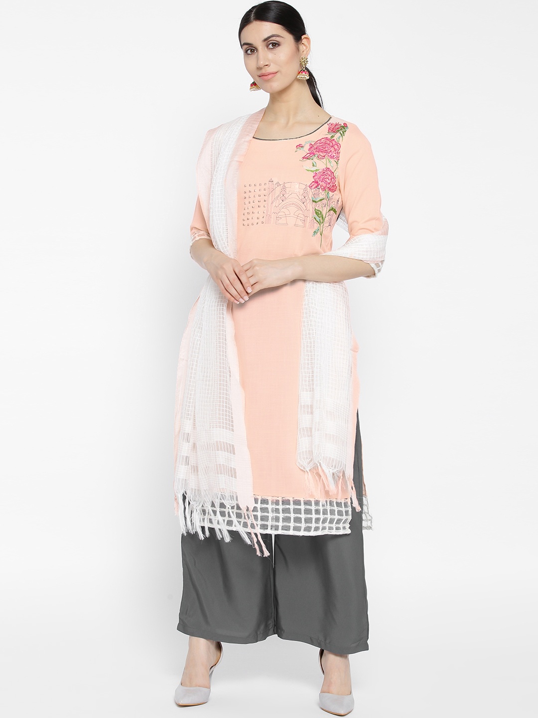 

AURELIA Women Peach-Coloured & Charcoal Embroidered Kurta with Palazzos & Dupatta