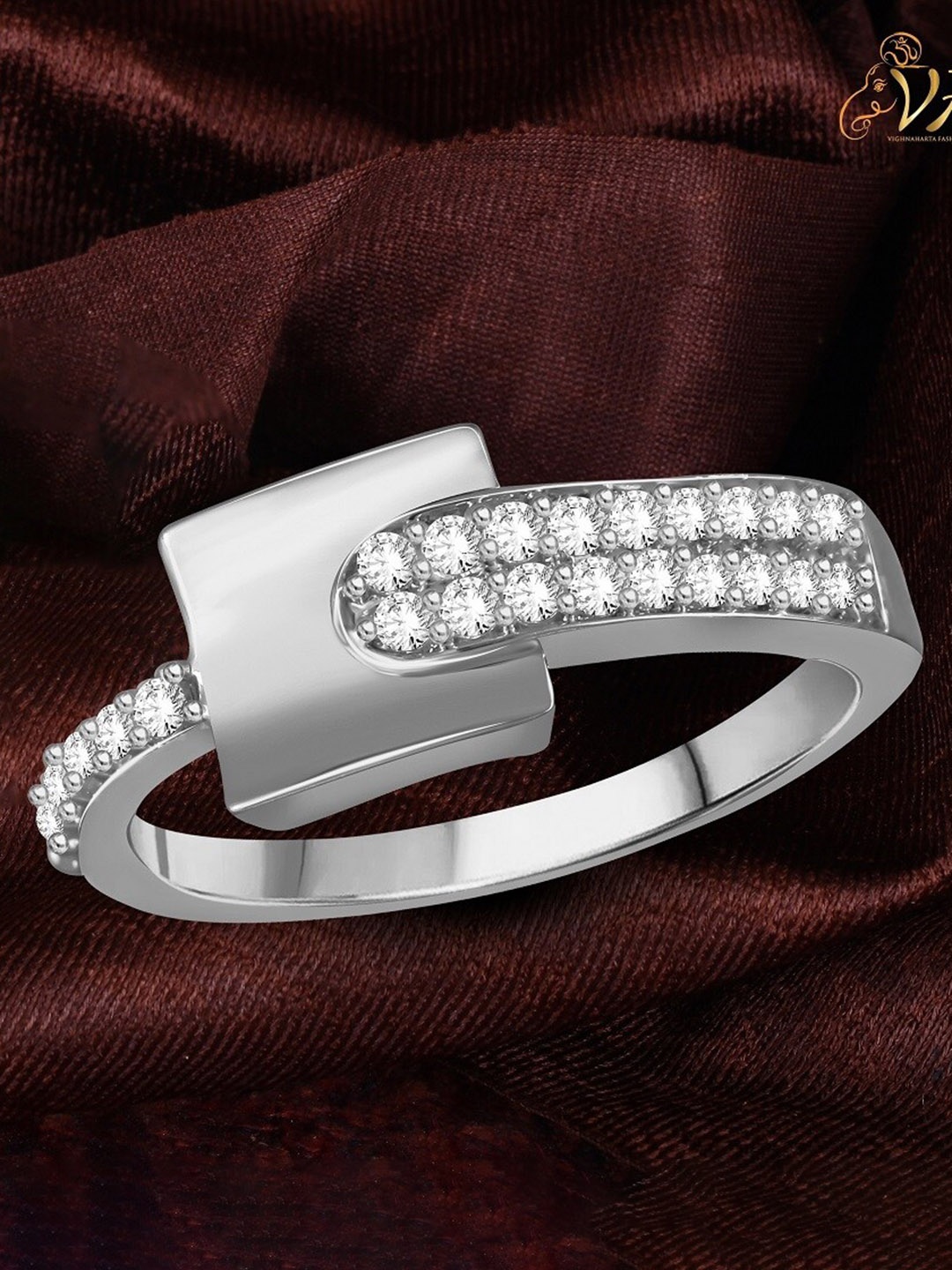 

Vighnaharta Rhodium-Plated CZ-Studded Adjustable Finger Ring, Silver