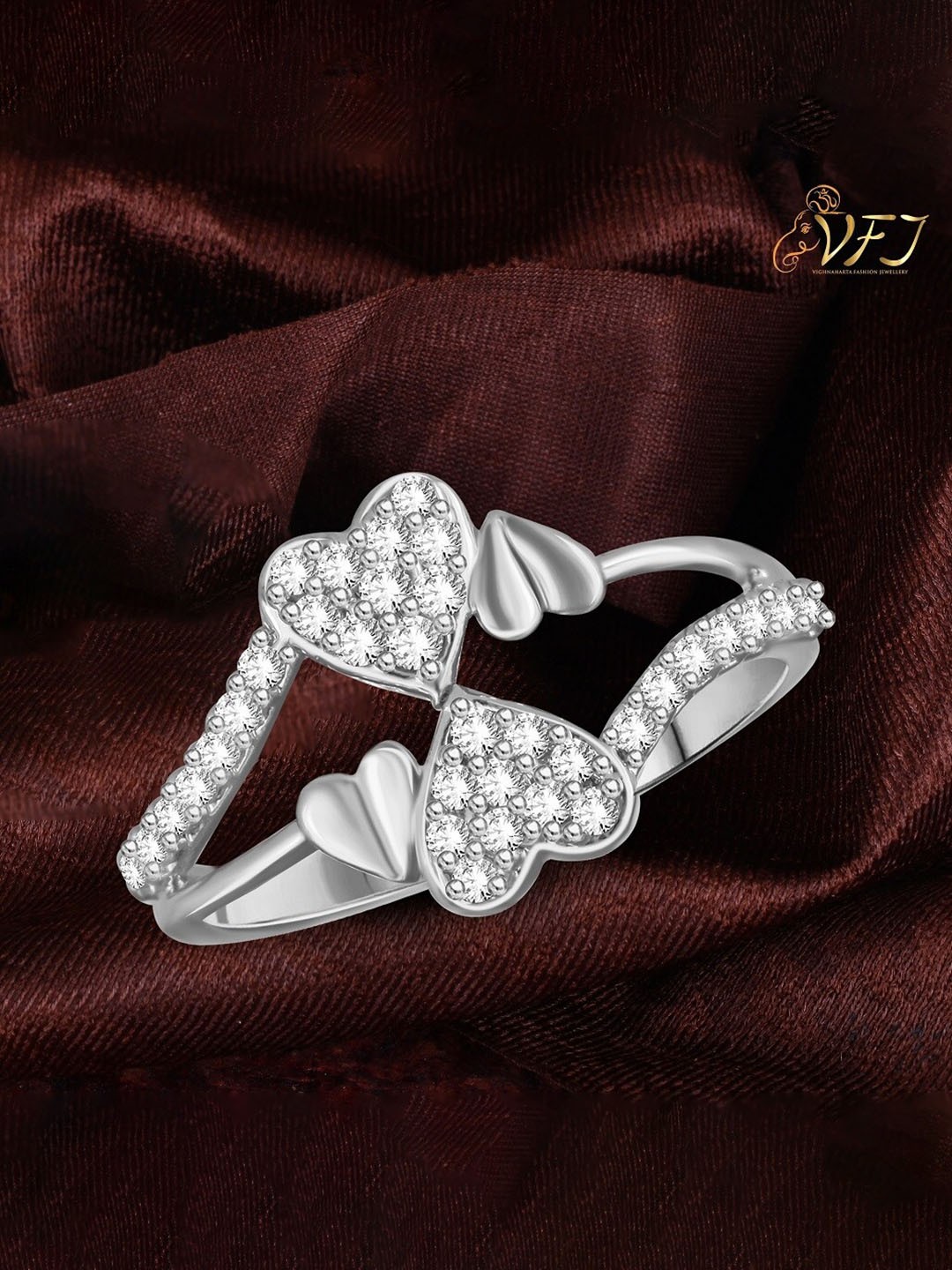 

Vighnaharta Rhodium Plated Heart Shaped Studded Finger Ring, Silver