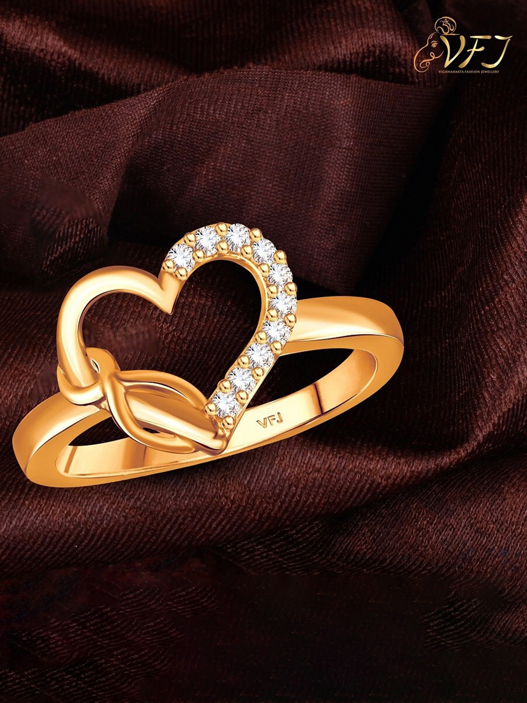 

Vighnaharta Gold-Plated CZ-Studded Heart Love Finger Ring