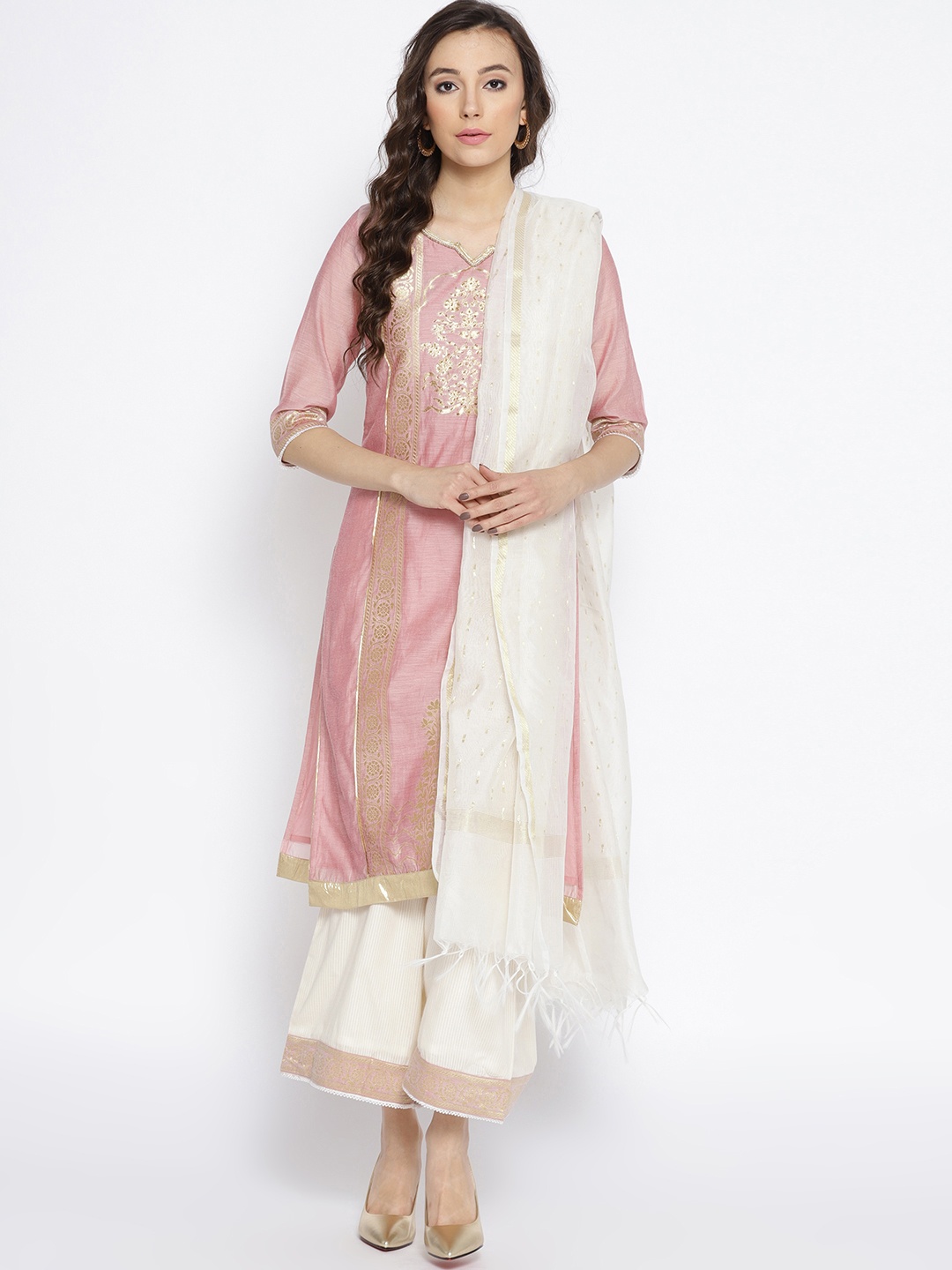 

AURELIA Women Pink & White Self Design Kurta with Palazzos & Dupatta