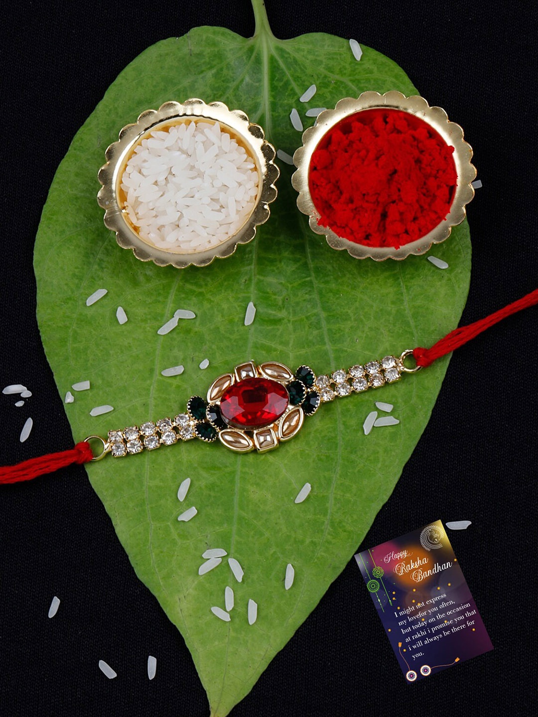 

Silver Shine Unisex Set of 2 Stone-Studded Rakhi With Roli Rice & Greeting Card, Gold