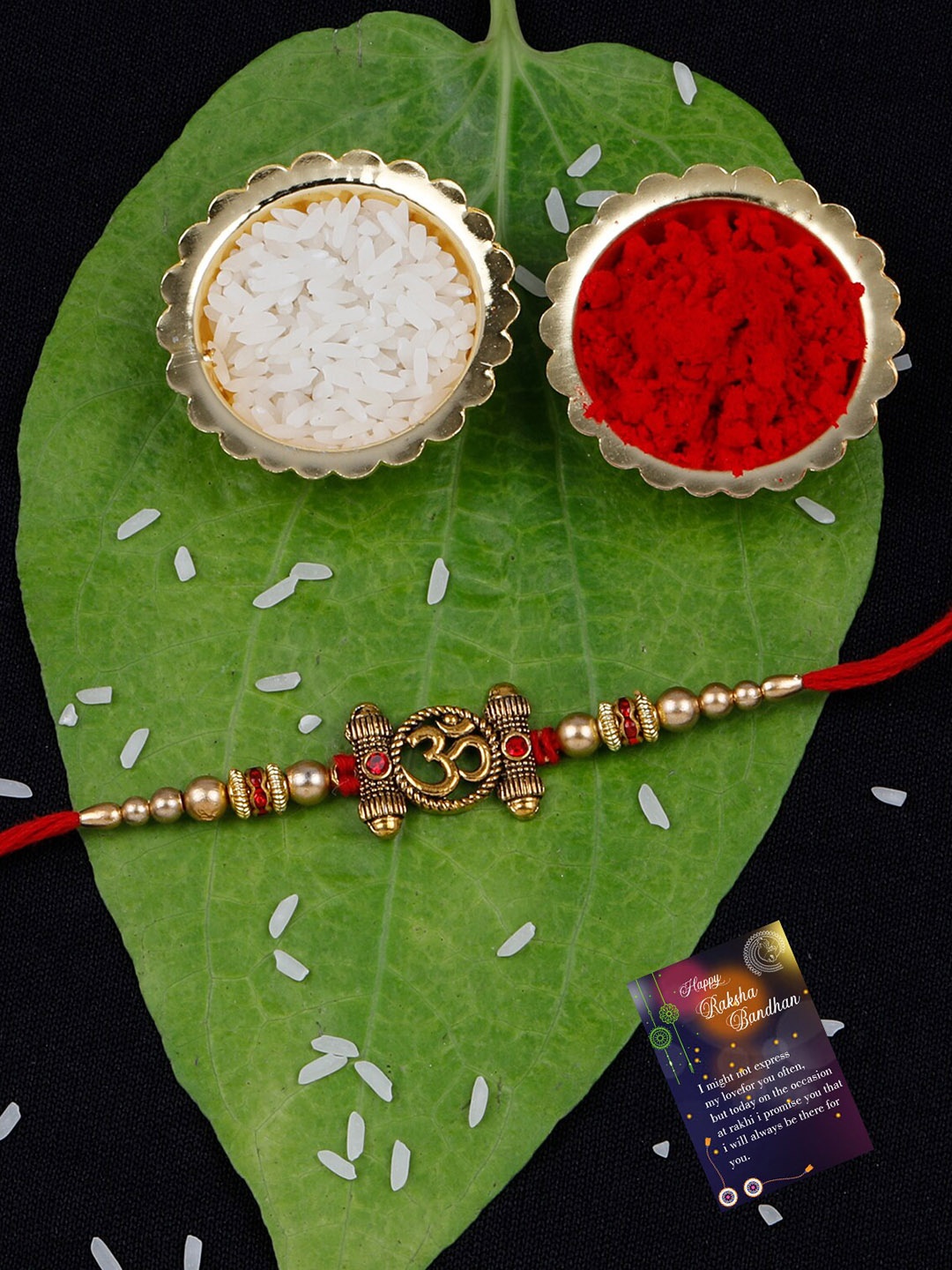 

Silver Shine Men Set Of 2 Stone-Studded & Beaded Rakhi With Roli Rice & Greeting, Red