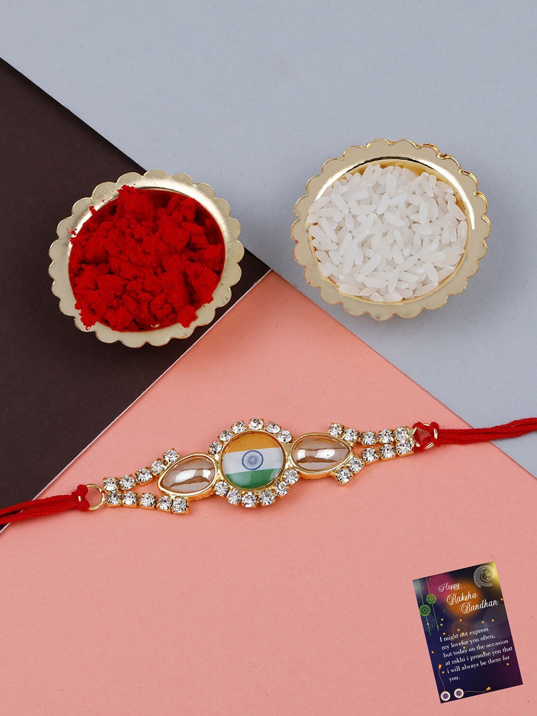 

Silver Shine Men Set Of 2 Stone-Studded & Beaded Rakhis With Roli Rice & Greeting Card, Orange