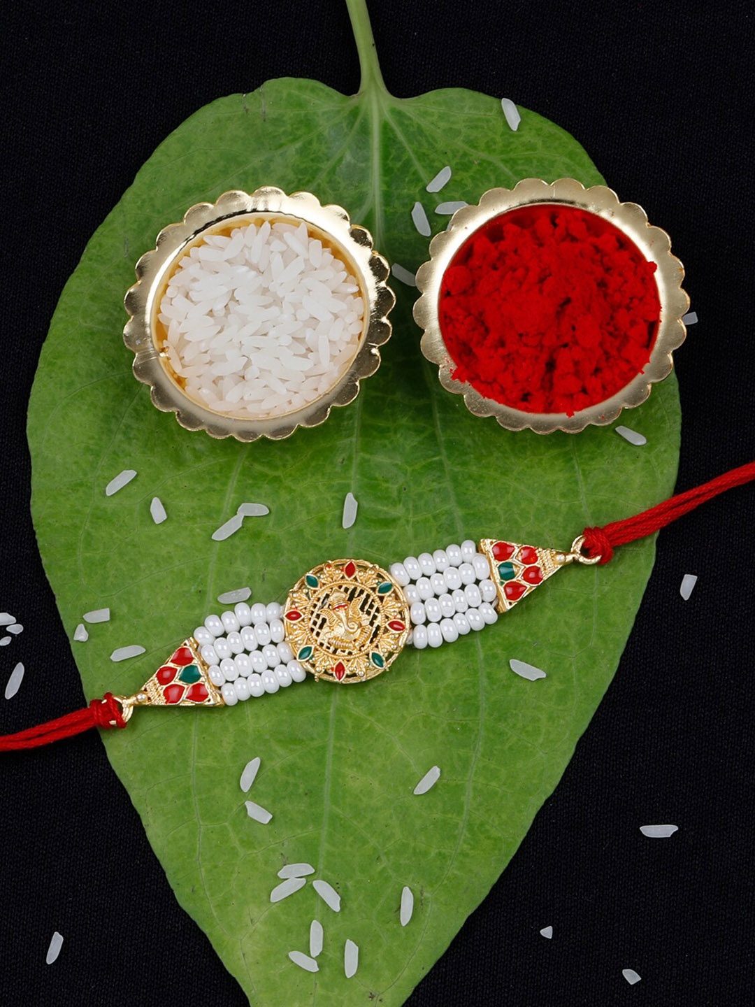 

Silver Shine Unisex Set Of 2 Stone-Studded & Beaded Rakhi With Roli Rice & Greeting, Red