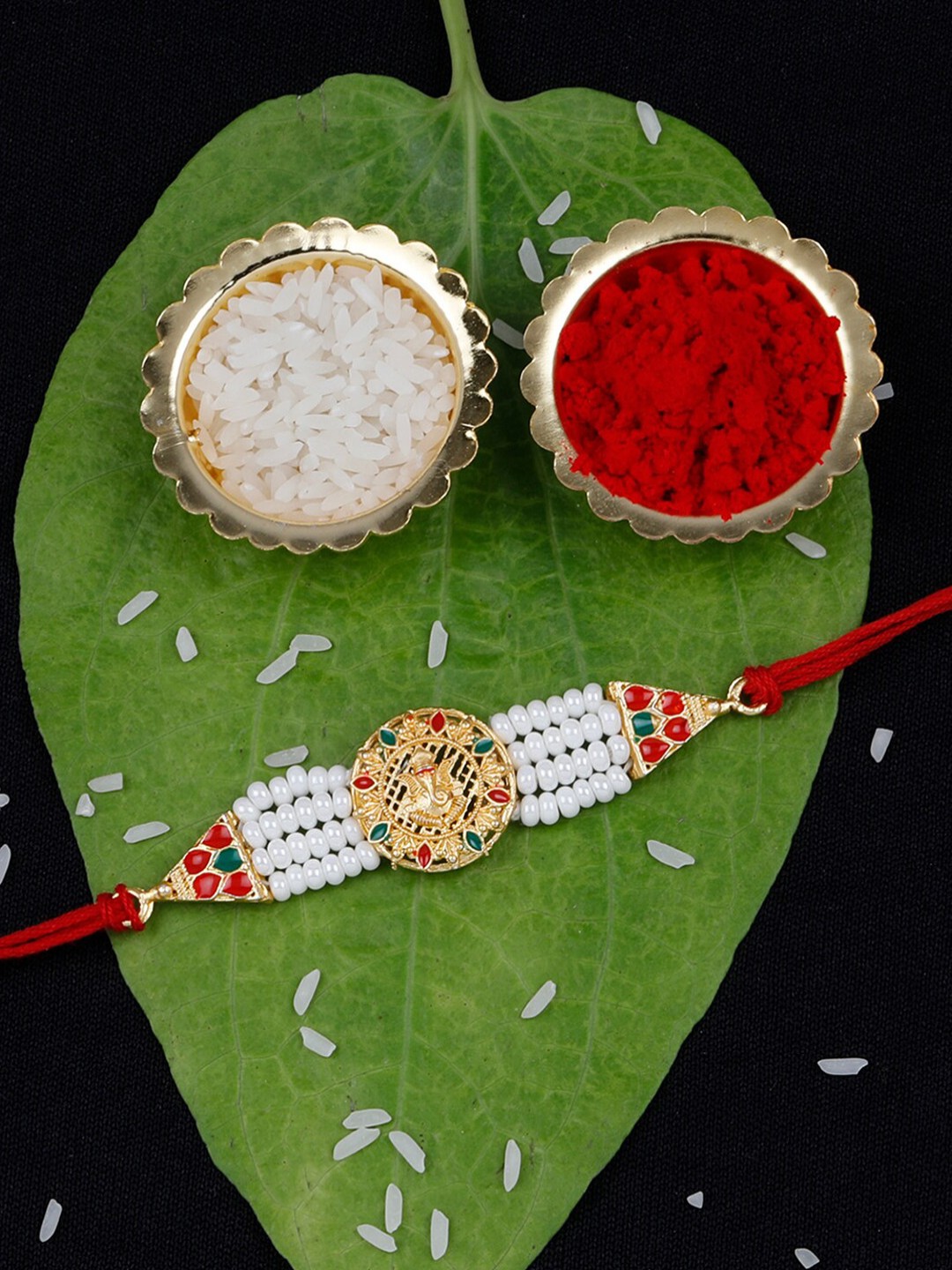 

Silver Shine Unisex Set Of 2 Bro & Ganesh Charm Thread Rakhi & Roli Rice & Greeting Card, Red