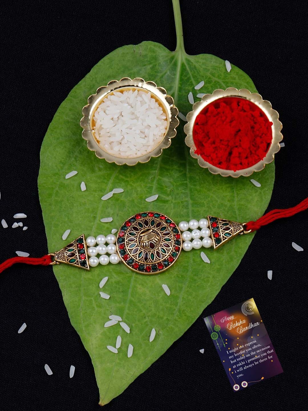 

Silver Shine Set Of 2 Bro & Stone Charm Rakhi With Roli Rice & Greeting Card, Red