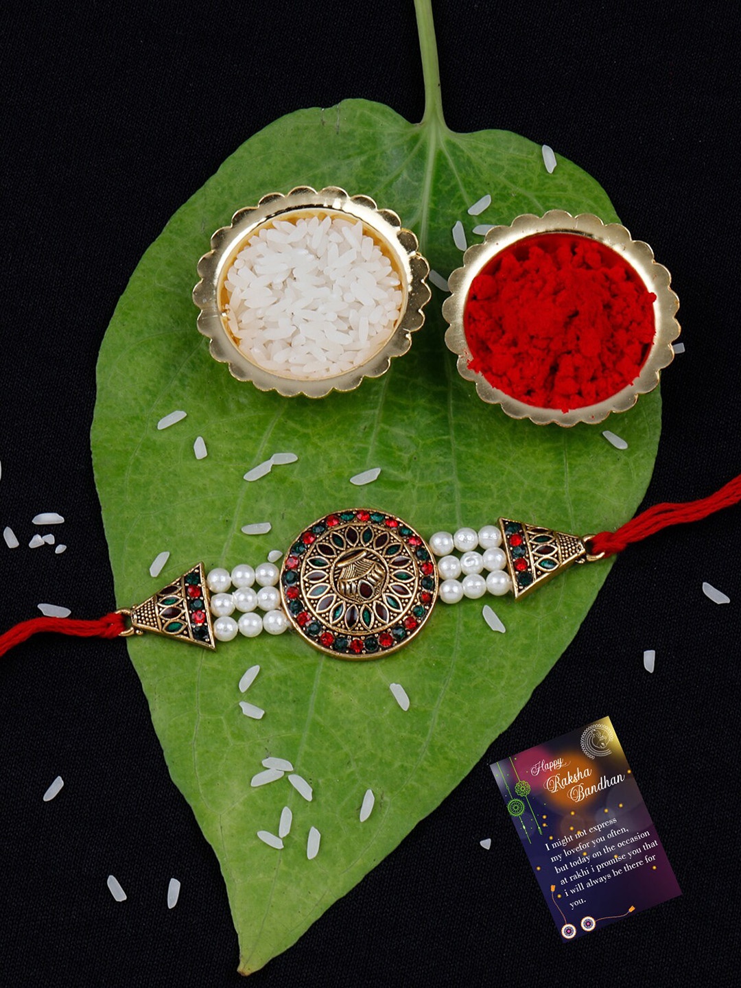 

Silver Shine Set of 2 Gold-Plated Rakhis With Roli Chawal And Greeting Card