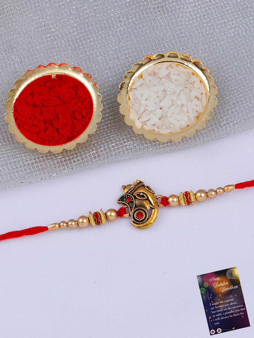 

Silver Shine Set of 2 Gold-Plated Rakhis With Roli Chawal And Greeting Card