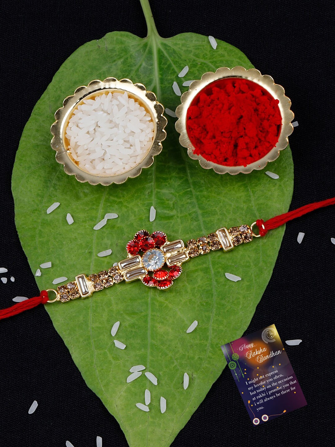 

Silver Shine Set of 2 Stone-Studded Rakhi With Roli Rice & Greeting Card, Gold