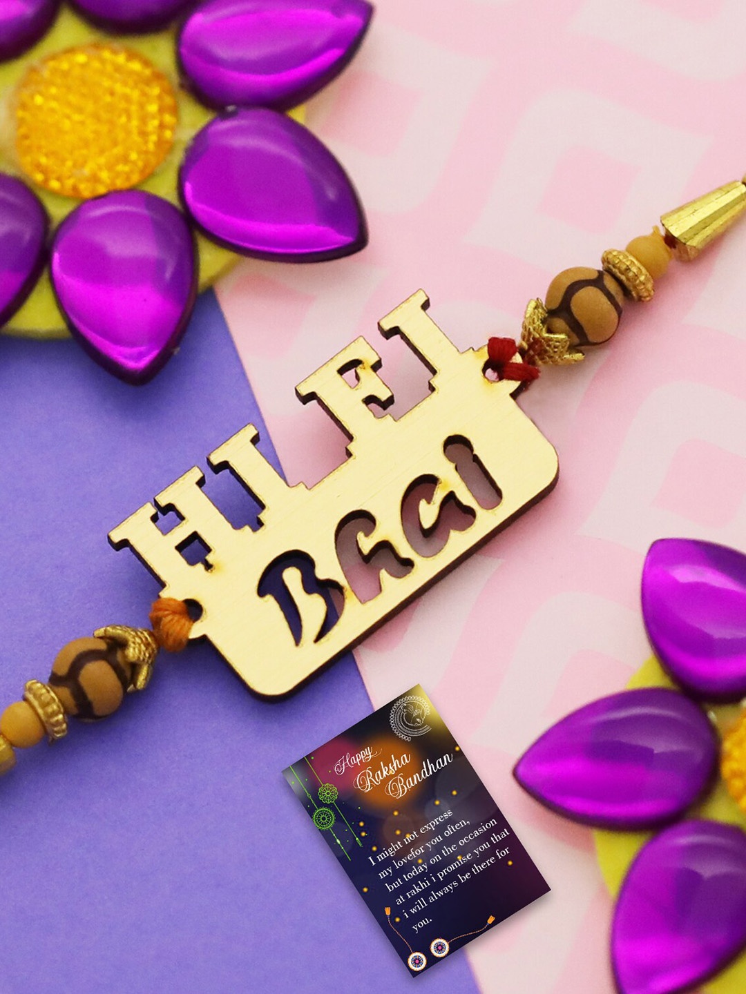 

Silver Shine Men Set Of 2 Beaded Rakhis With Roli Rice & Greeting Card, Gold