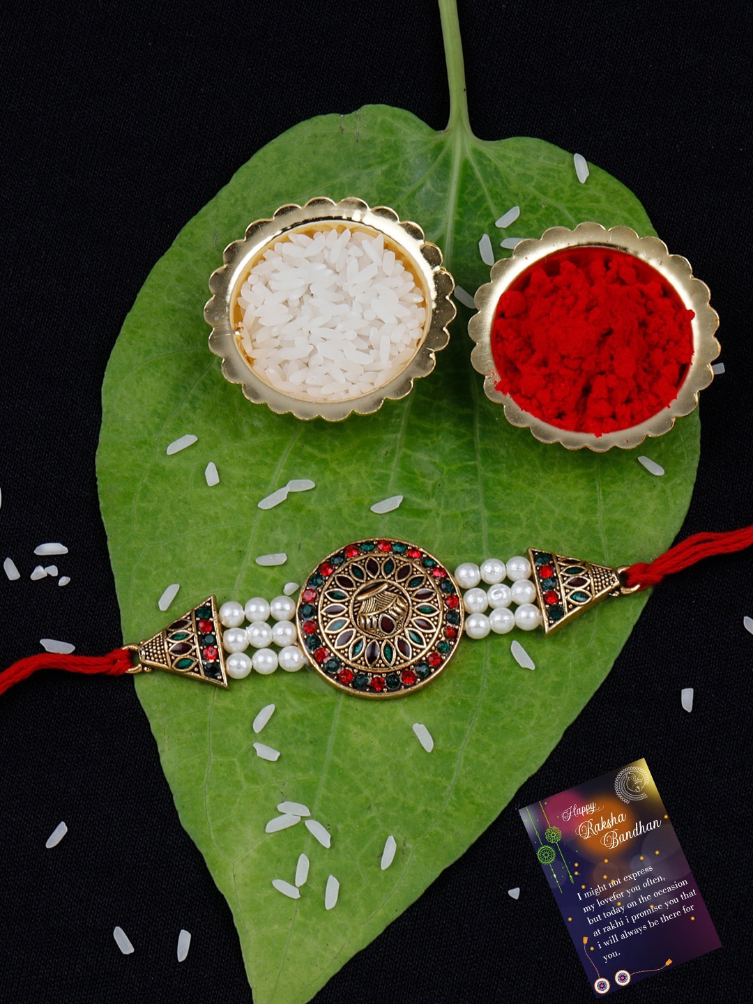 

Silver Shine Men Set of 2 Thread Rakhis With Roli Chawal And Greeting Card, Gold
