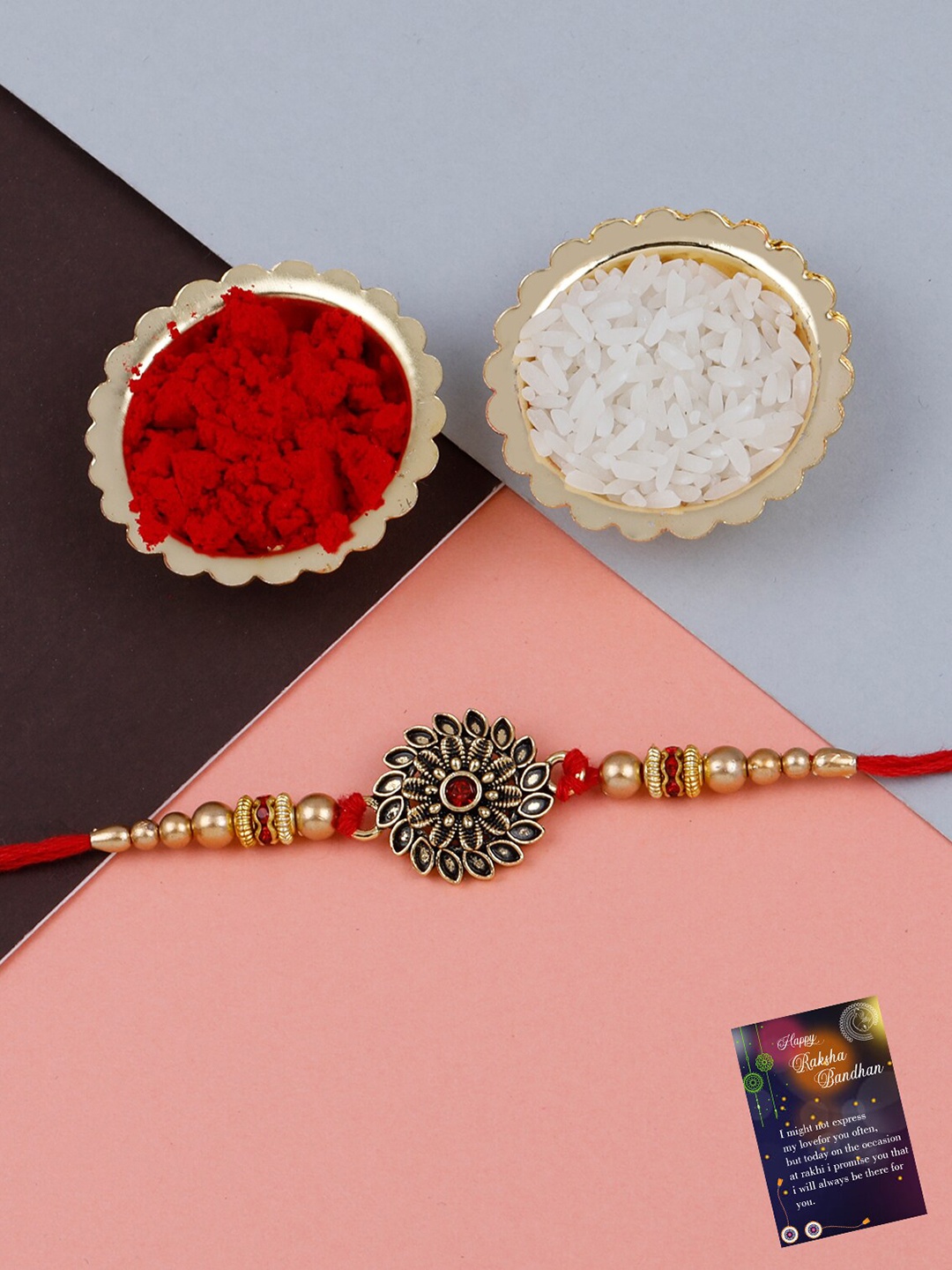 

Silver Shine Men Set Of 2 Stone-Studded & Beaded Rakhis With Roli Rice & Greeting Card, Red